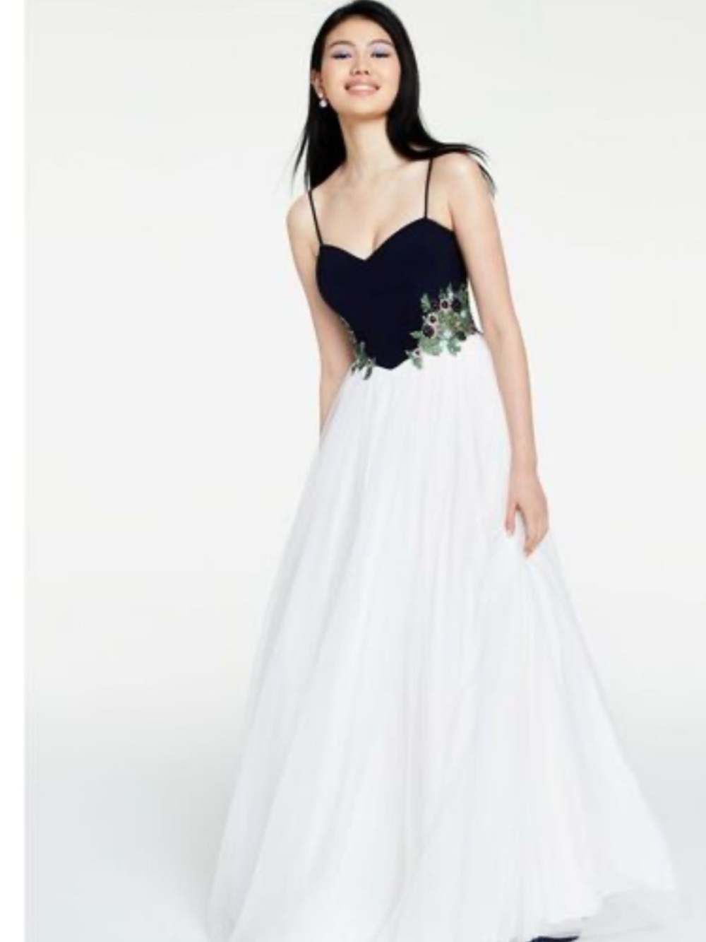 Blondie Nites Spaghetti-Strap Black & White Evening Gown with Floral Appliqué